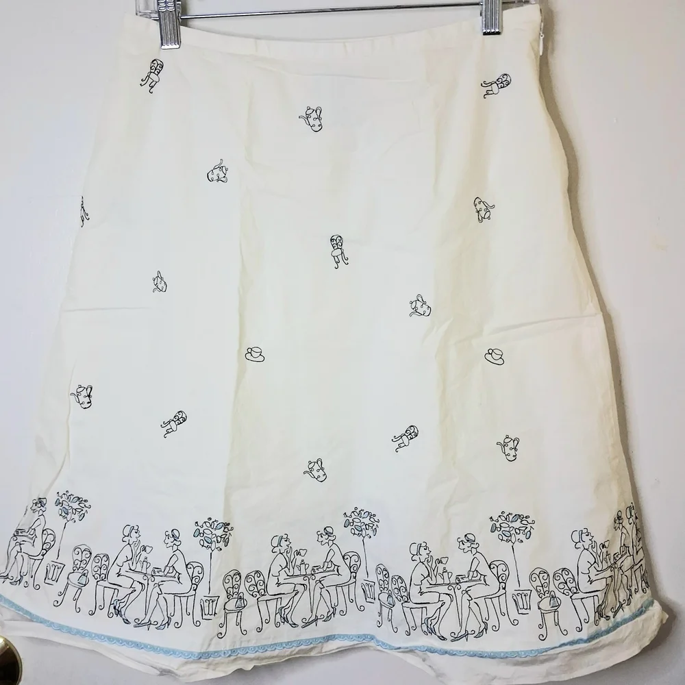 LOFT Women's A-Line Embroidered Cream‎ Skirt with Black Coffe And Tea Pattern